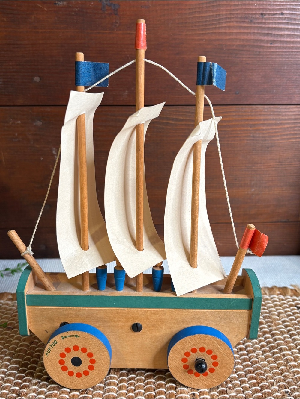 Vintage Wooden Wind Up Sailboat Musical Rolling Toy Germany Austria